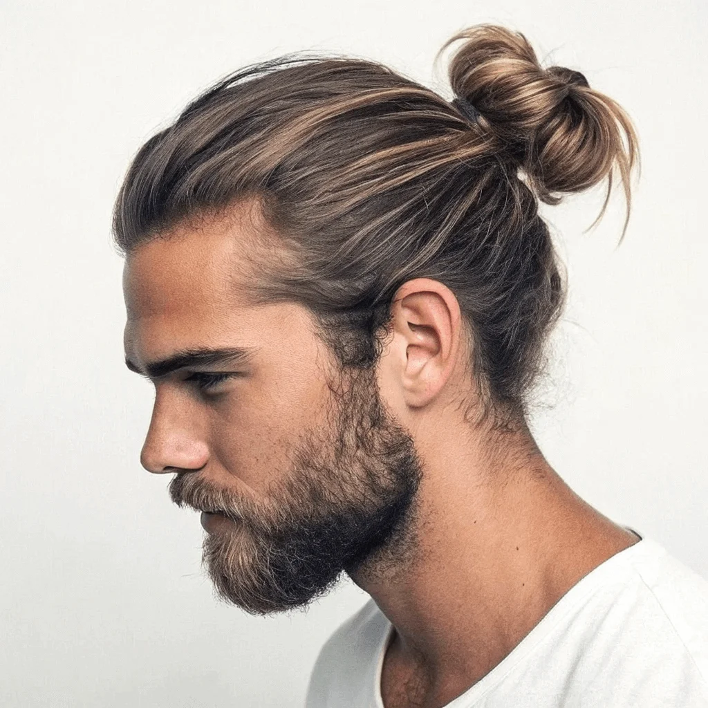 man bun with a well groomed beard