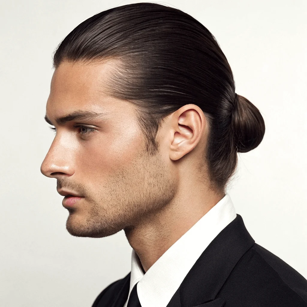 sleek ponytail pairs well with a sharp clean shaven look